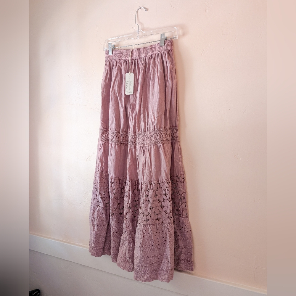 Artelier Nicole Miller Dusty Mauve Cotton Tiered Maxi Skirt Size S NWT